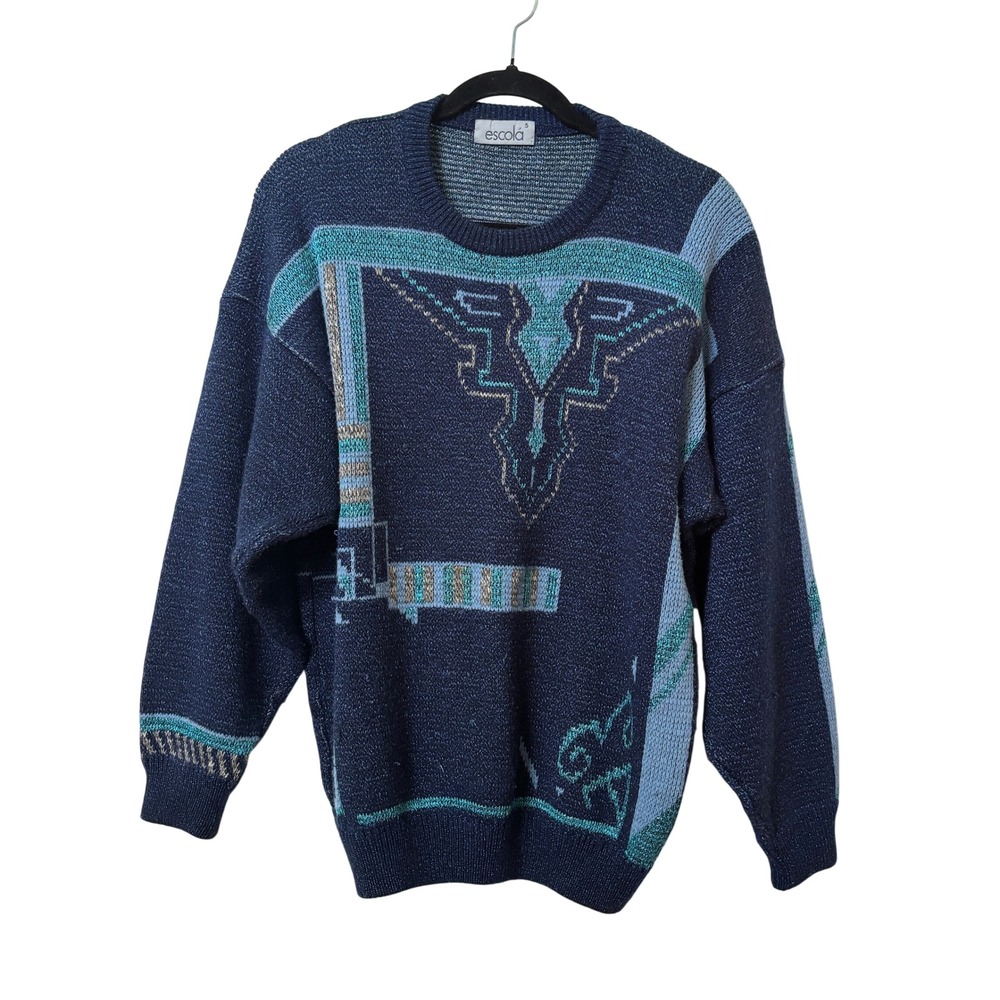 Vintage Escola Made in Spain Navy Teal Geometric Wool Blend Knit Sweater Large
